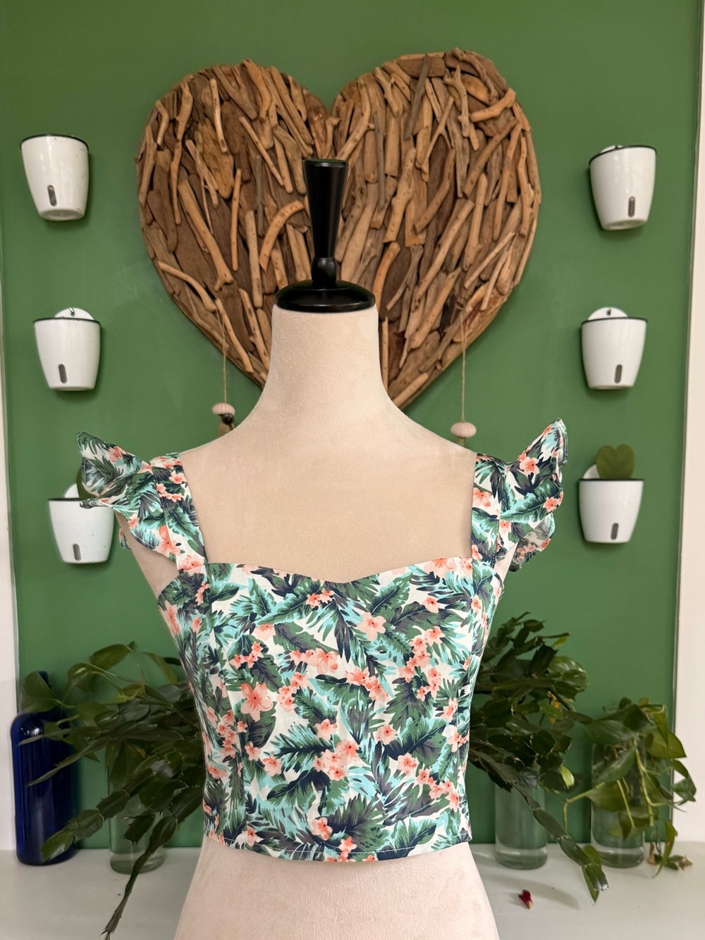 Floral Square-Neck Crop Top with Ruffle Straps - Green Floral